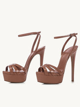 Brown Patent Platform Stiletto Heeled Sandals With Round Toe Ankle Strap